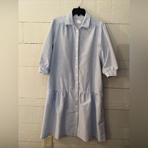 Vintage Appleseed’s Pinstripe Shirtdress Dropped Ruffle Hem Preppy Size 14 Blue